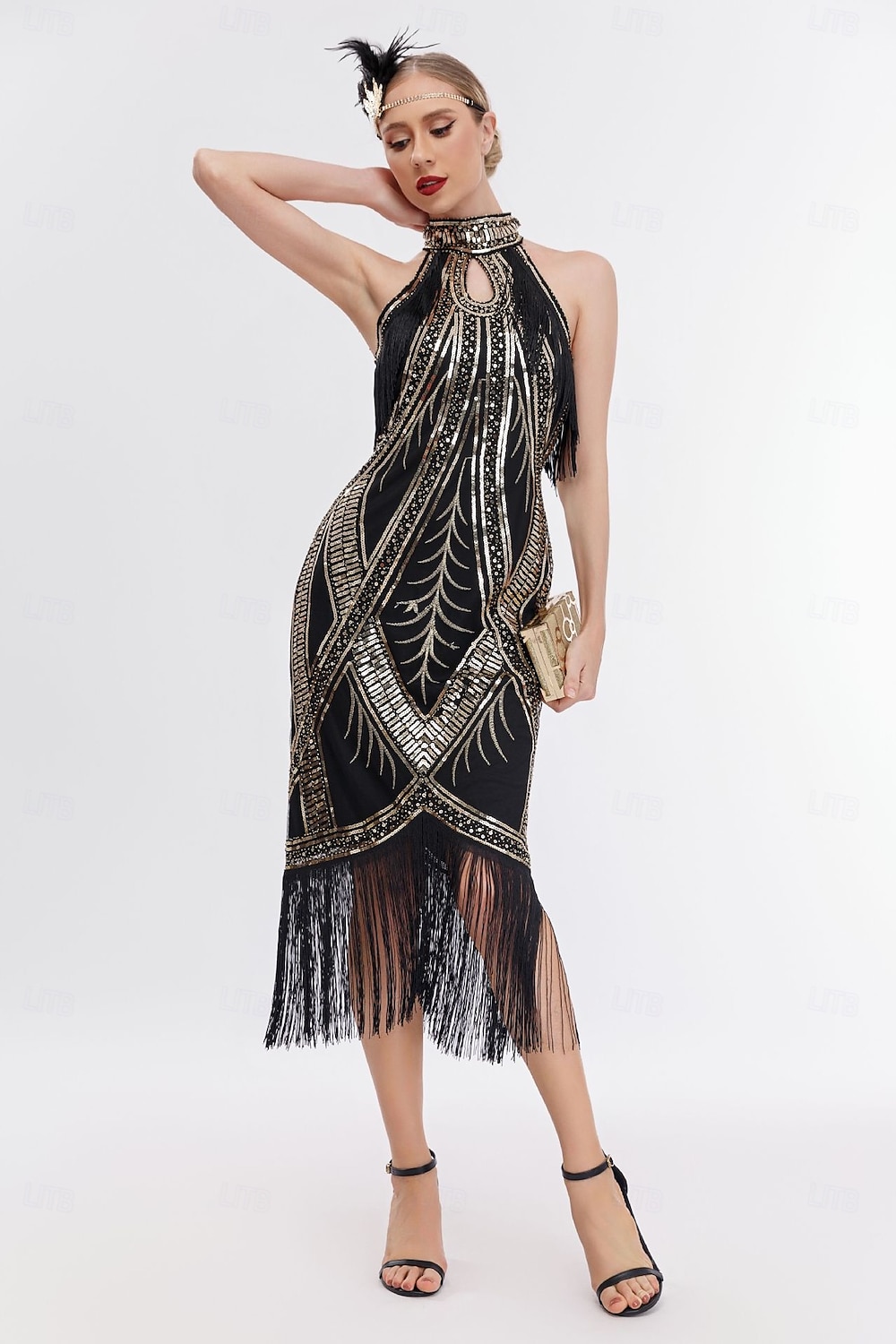 halter flapper dress Queendancer Women Sparkly Black Fringed Flapper Dress with Sequins Halter  Neck Sheath 1920s Dress – queendanceruk main image 0