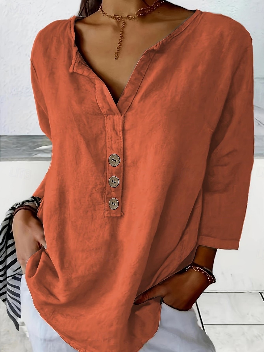 Femme Chemise Chemisier Couleur unie mode Décontractées Manches 3/4 Col Ras du Cou Hauts réguliers du quotidien Boutons Noir Blanche Rose Claire bleu marine Orange Eté Printemps de 2025 ? $29.99 –P4