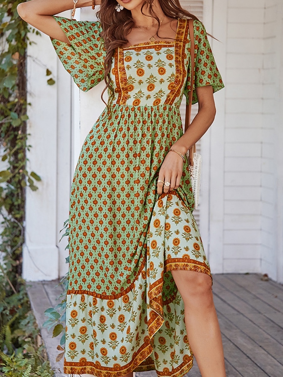 Damskie Sukienka maxi Codzienne sukienki Sukienka rozkloszowana Sukienka A line Elegancki Codzienny Urlop Codzienny Regularny Kwiaty Krótki rękaw Kwadratowy dekolt Żółty Rumiany róż Pomarańczowy 2025 - $33.99 –P12