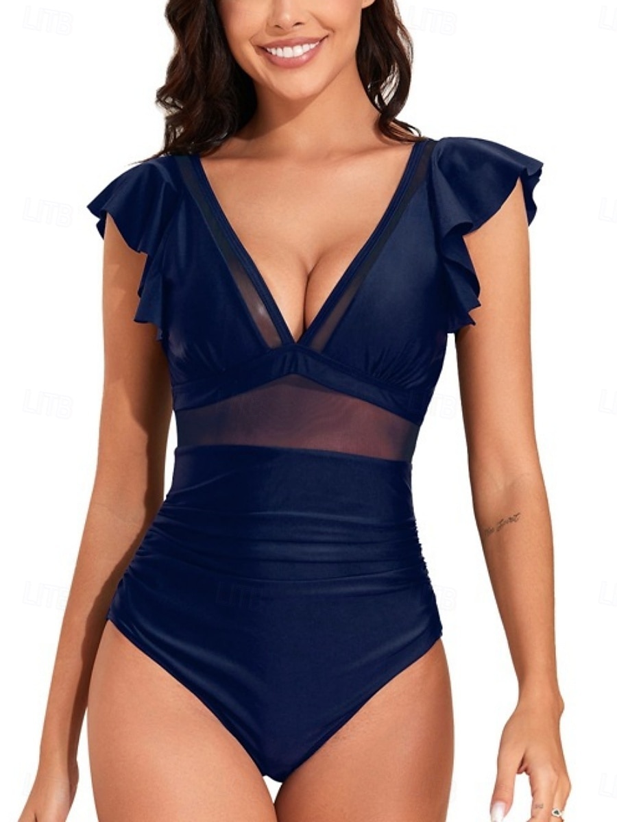 Dammsimdräkter En Del Monokini Simdräkt Volang Rygglös Magen Kontroll Hög midja Slim Semester Strandkläder Enfärgad V-ringad Ärmlös Baddräkt 2025 - $28.99 –P5