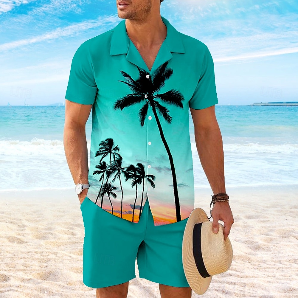 Herren Kokospalme 2St Hemden-Sets Hemd Kurzarm Kurze Hosen Kubanisches Halsband Urlaub Hawaiianisch Party Lässig Täglich 3D-Druck Sommer Rubinrot Grün 2025 - $37.99 –P2
