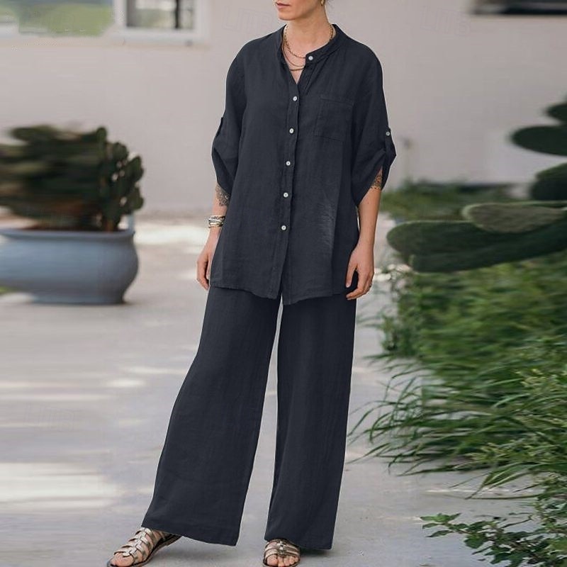 Dam Mode Streetwear Skjorta Linneinspirerade set Tvådelade set Linne Byxor Byxor Långärmad Hög krage Ensfärgat Dagliga kläder Datum Marinblå Orange Vår Normal 2025 - $28.99 –P8
