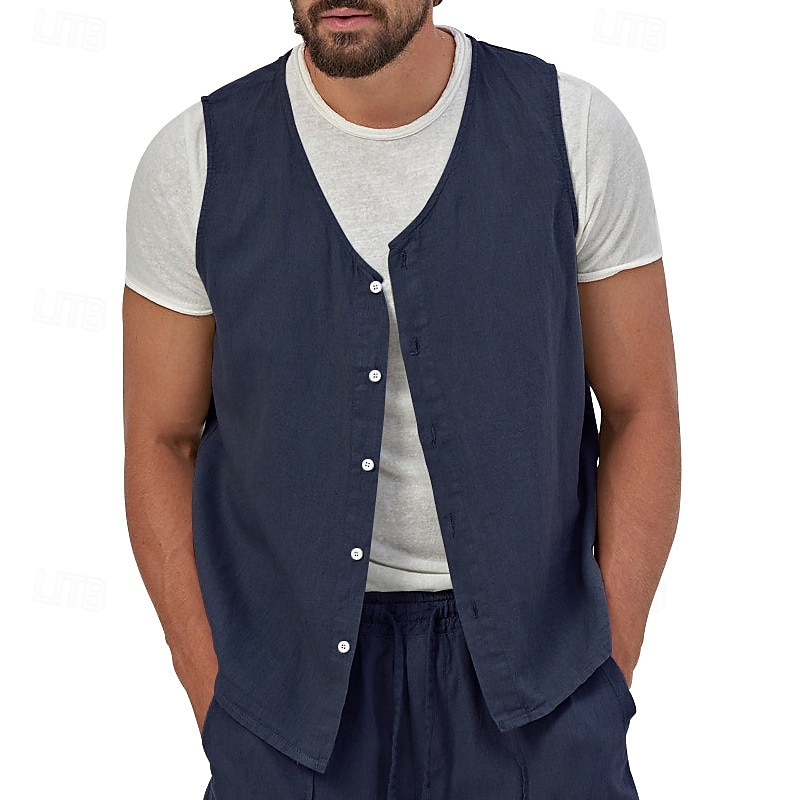 בגדי ריקוד גברים וסט Gilet אפוד פשתן חופשה יומי פגישה (דייט) אופנתי יום יומי קיץ אביב כפתורים כיס פשתן נוח אחיד חזה יחיד כפתור יחיד צווארון V רגיל שחור צהוב ירוק בהיר כחול נייבי אֵפוֹד 2025 - $23.99 –P4