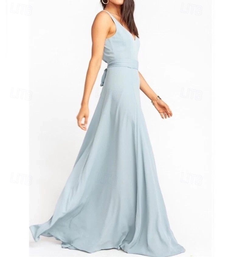 A-Line Bridesmaid Dress V Neck Sleeveless Blue Floor Length Chiffon / Spandex with Sash / Ribbon / Draping / Solid Color 2025 - $162.99 –P3