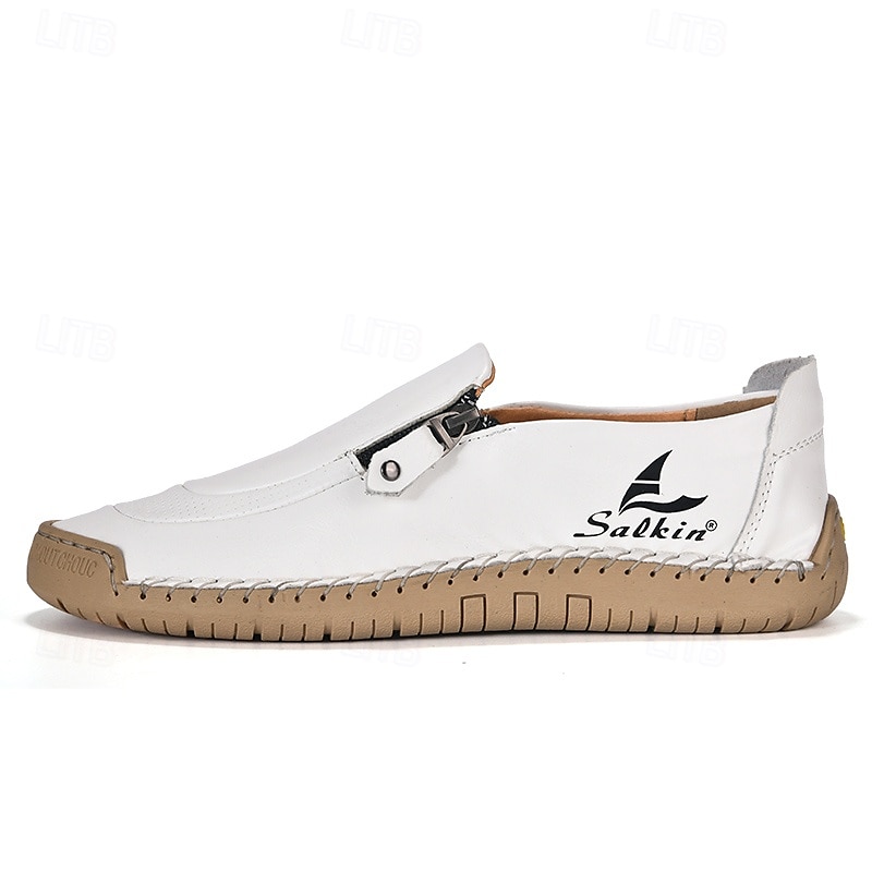 Men's White Slip-On Faux Leather Sneakers with Zipper and Durable Rubber Soles – Casual Everyday Shoes for Comfortable Wear 2025 - $42.99 –P2