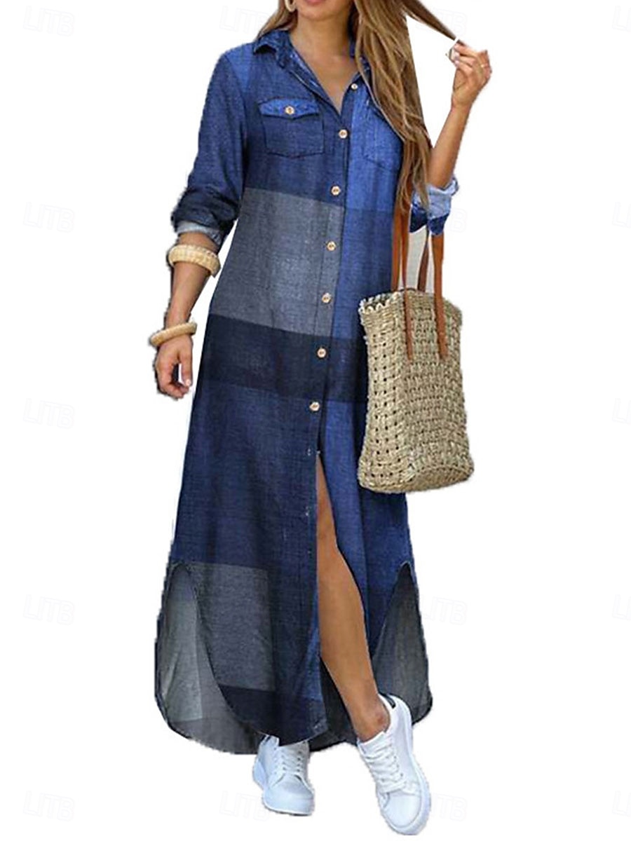 Damen Maxidress blusenkleid Casual kleid Stilvoll Basic Brautkleider schlicht Urlaub Täglich Lockere Passform Graphic Langarm Hemdkragen Wein Rote Blau Khaki Frühling Herbst 2025 - $25.99 –P5