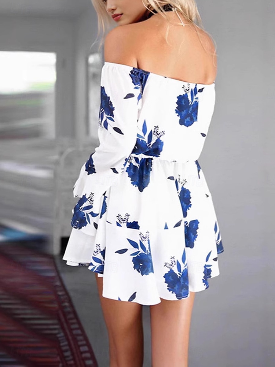 Dam Mini klänning Vardagsklänning Boho bröllopsgästklänning bohemliv Stylish Sexig Lös passning Blommig Långärmad Över axeln Svart Blå Sommar Vår Höst 2025 - $22.99 –P4