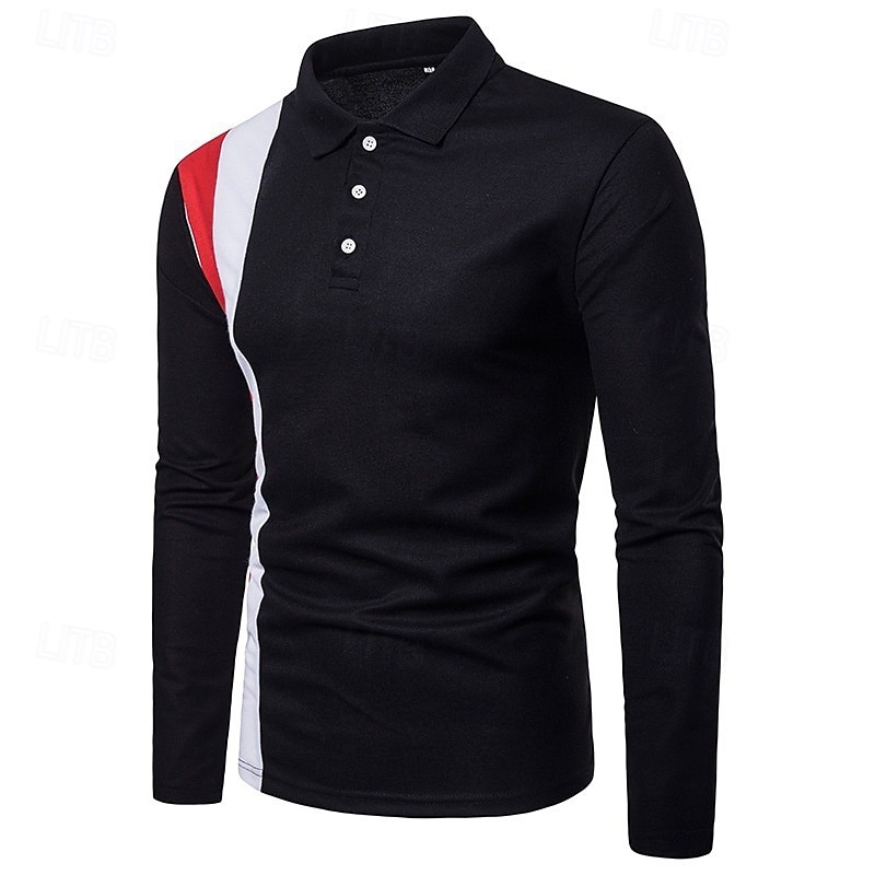 Herr Golftröja Golf pikétröjor Arbete Ledigt Kavajslag Långärmad Grundläggande Modern Färgblock Lappverk Knappar Vår Höst Normal Svart Vit Marinblå Golftröja 2025 - $12.99 –P5