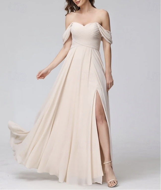 Abito da damigella A-Line scollo a cuore maniche corte elegante lunghezza a terra chiffon con spacco frontale  arricciature del 2025 a $154.99 –P4