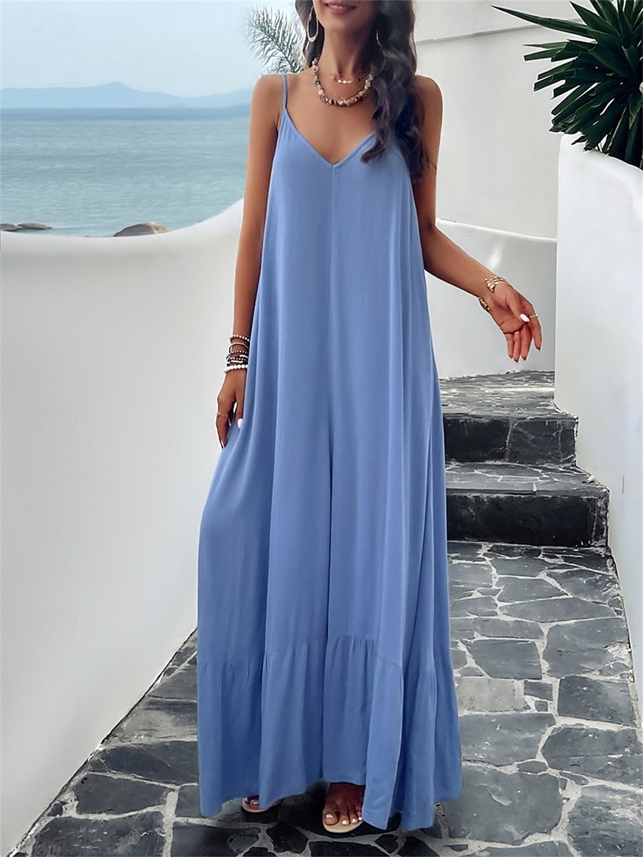 Damen Maxi Kleid Strandkleid Slip Kleid Urlaub Strandurlaub Unifarben Lässig Täglich Lockere Passform Grafik Ärmellos Träger Schwarz Rot Himmelblau Grün Sommer 2025 - $41.99 –P23