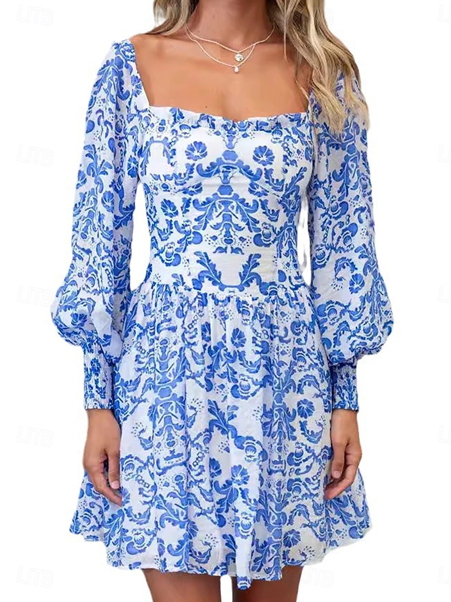 Dam Mini klänning Korsettklänning A linjeklänning Milkmaid klänning Puffärmsklänning Semester Semester Dagligen Normal Grafisk Långärmad Fyrkantig hals Blå Sommar 2025 - $36.99 –P5