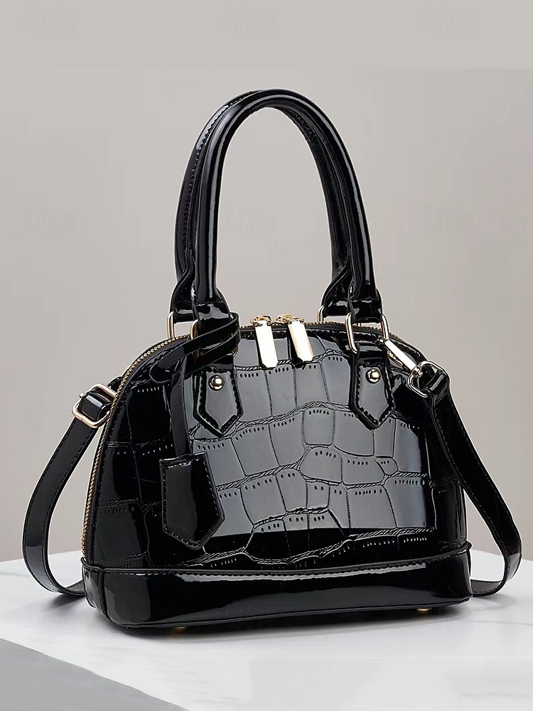 Bolsa feminina elegante com padrão de pedra verde e alça de ombro ajustável, couro envernizado brilhante, design moderno, adequada para trabalho, festa e uso diário vinho preto laranja de 2025 por $21.99 -P2