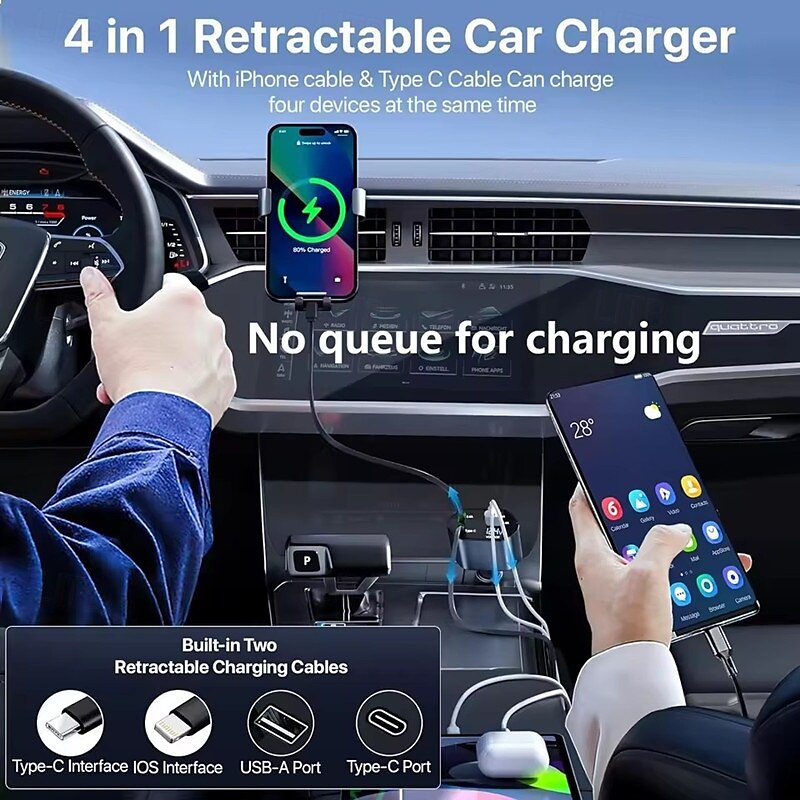 autolader adapter 120w snel opladen usb type c snellaadkabel met intrekbare snoeren geschikt voor iphone 16/15/14/13/12 samsung 2025 - $27.99 –P5