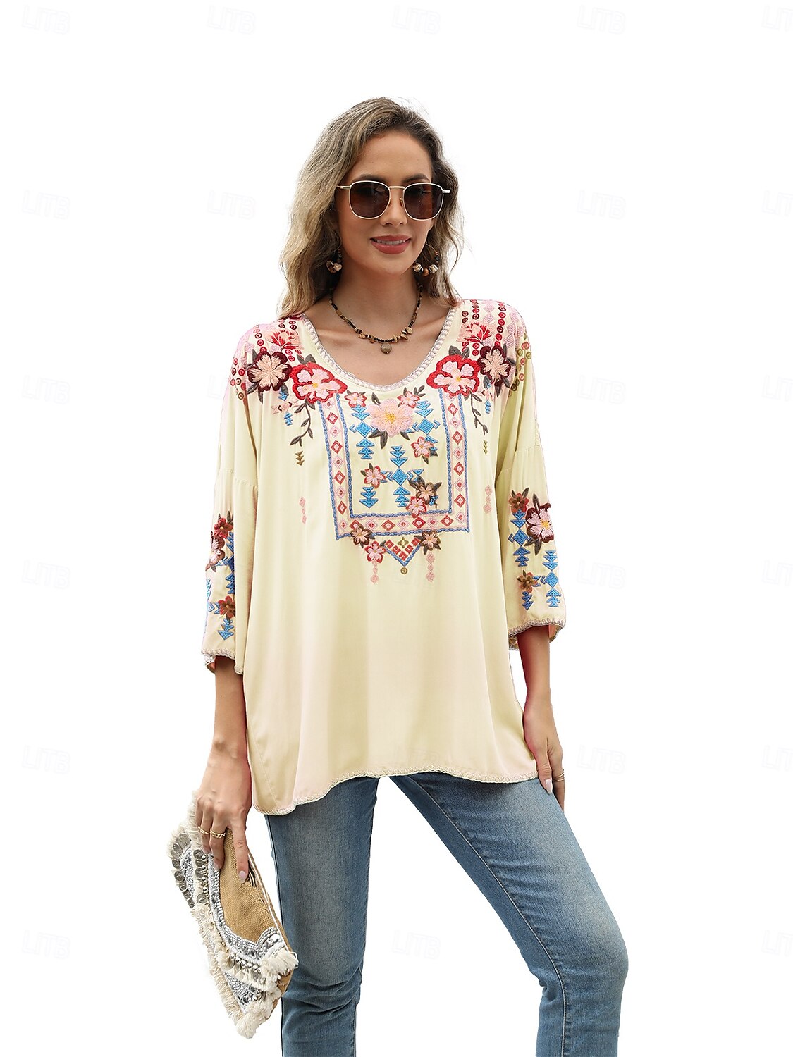 Dame Boho skjorte Helfarge Blomstret Bohem Daglig Luksuriøs 3/4 ermer 3/4-ermer Crew-hals Vanlige topper Arbeid Daglig Ut på byen Broderi Svart Gul Rose Rosa Sommer 2025 - $52.99 –P16