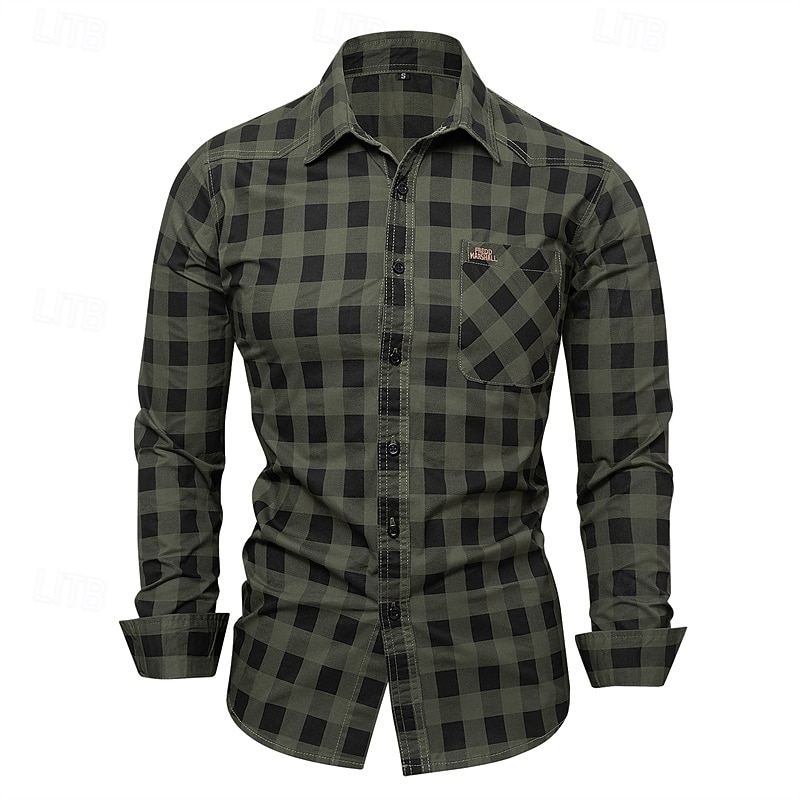 Herren Hemd Sommerhemd Freizeithemd Knopfhemd Kaki Armeegrün Langarm Karomuster Revers Urlaub Hawaiianisch Button-Down Bekleidung 100% Baumwolle Mode Lässig Bequem 2025 - $36.99 –P4
