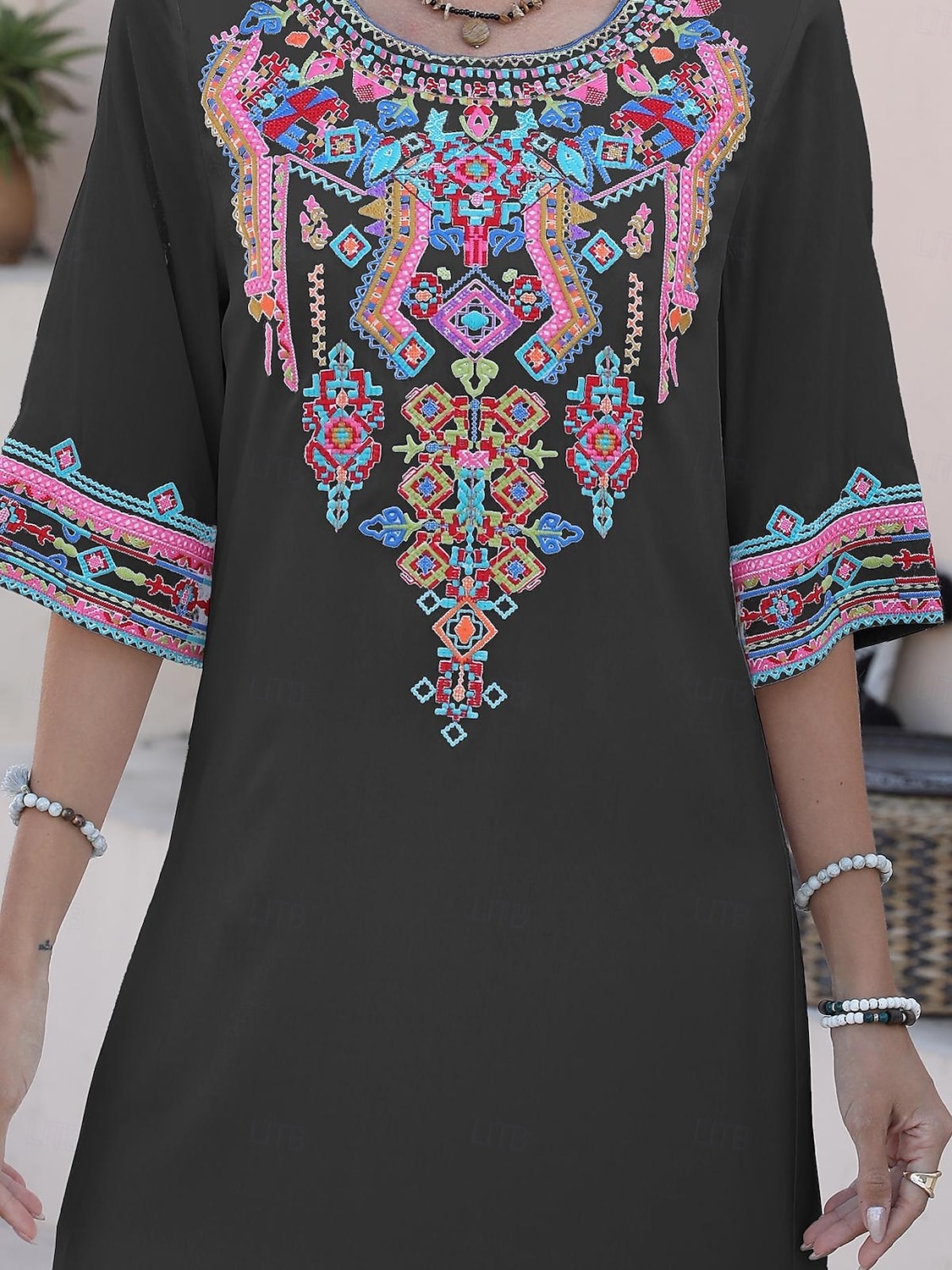 Valentine's Day Women's Normal Mini Dress Boho Chic Dresses A Line Dress Bohemia Stylish Classic Elbow Sleeve Vacation Party Casual Form Fit Floral Plain 3/4 Length Sleeve Crew Neck Black White Summer 2025 - $37.99 –P7