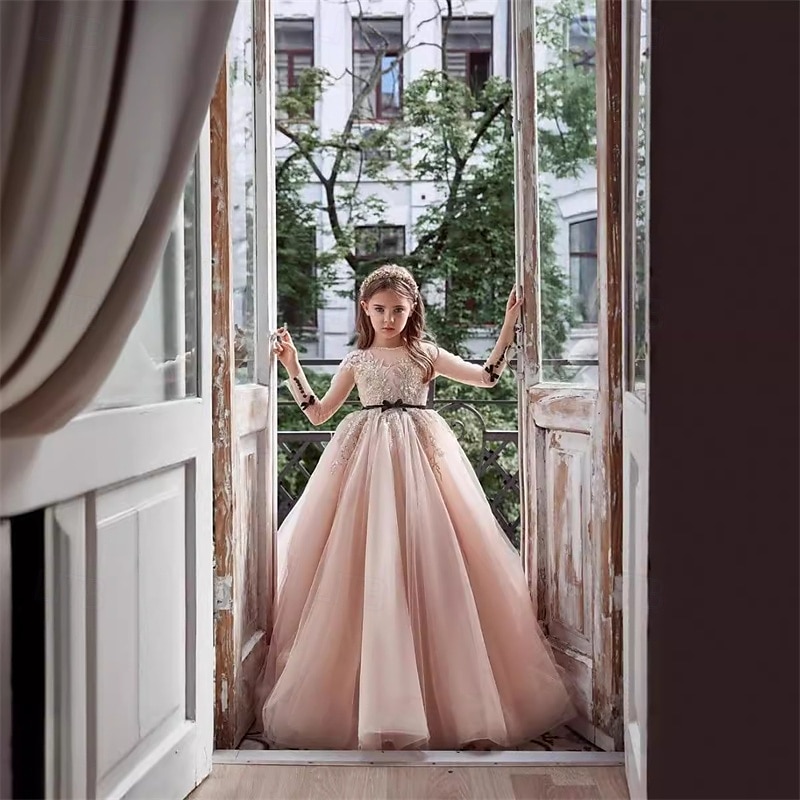 Blomsterpikekjole Barn Jente Prinsesse kjole Ytelse Bryllup Fest Elegant Vakker Netting Helfarge Langermet Crew-hals Rosa 4 år + 2025 - $75.99 –P3