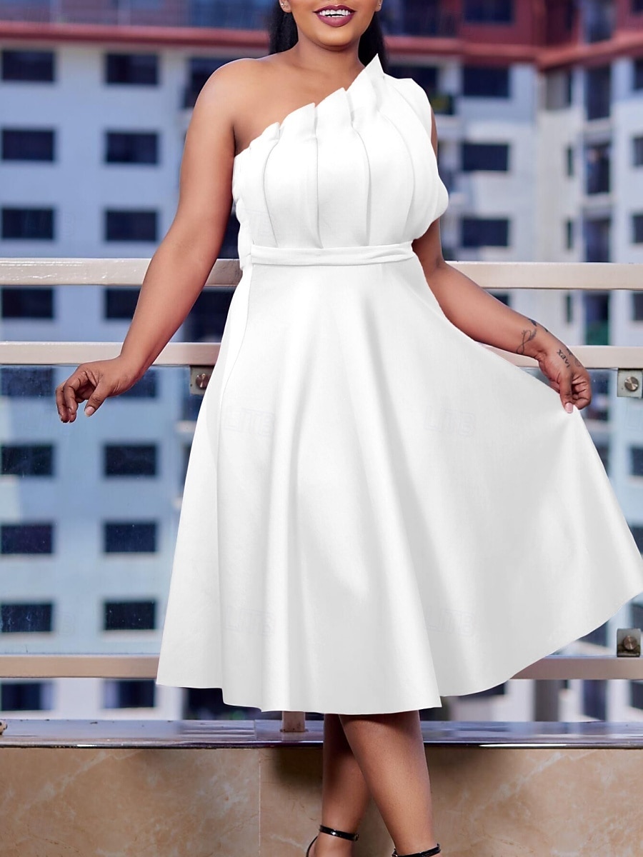 Kentucky Derby Damen Midi Kleid A-Linie Kleid Fit And Flare Kleid Elegant Formal Party Hochzeitsgast Verlobung Reguläre Passform Grafisch Ärmellos Eine Schulter Weiß Pink Rot Fuchsia 2025 - $44.99 –P14