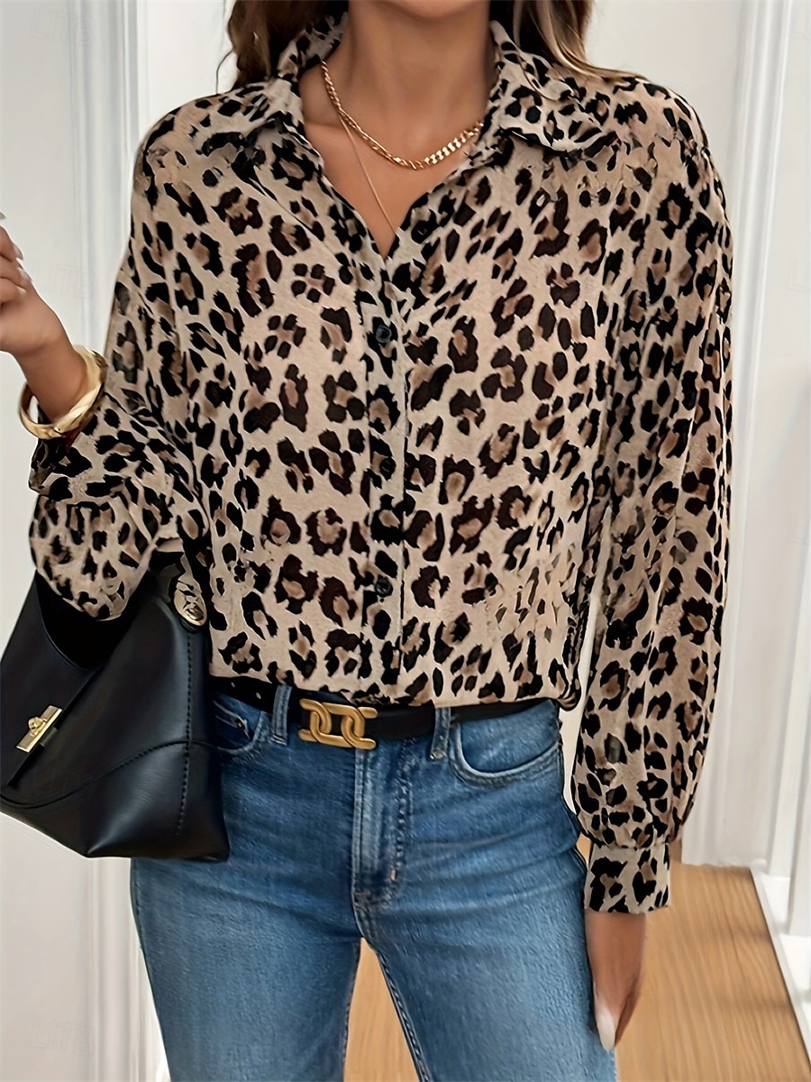 Dámské Košile Halenka Leopard Elegantní Denní stylové Dlouhý rukáv Košilový límec Běžné topy Práce Denní Dovolená Knoflíky Levhart Léto Jaro 2025 - $29.99 –P5