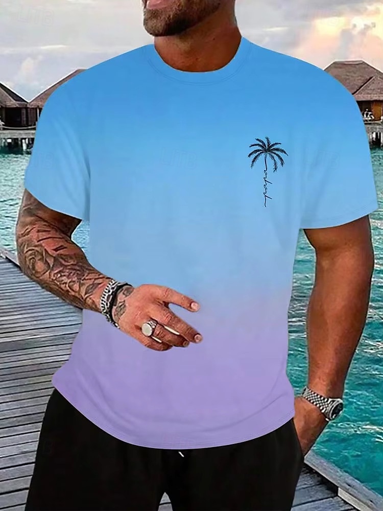 Herren T-Shirt Kurzarmshirt Kurzarm Rundhalsausschnitt Frühling & Herbst Kokospalme Buchstabendruck Mode Designer Ombre-Design Urlaub Straße Ausgehen Dunkellila Rosa und Grün Rosa Azul Top T-Shirt 2025 - $13.49 –P3