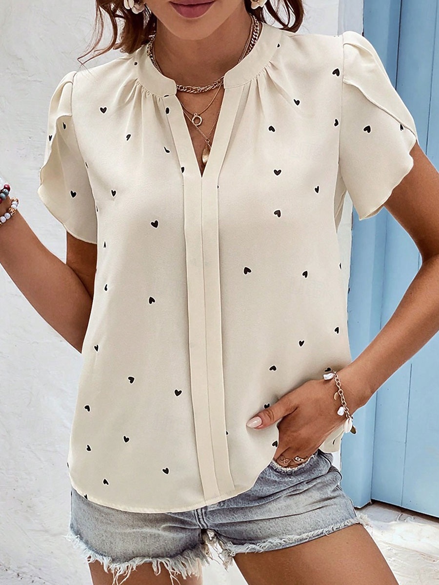 Γυναικεία Πουκάμισο Μπλούζα Στάμπα Καρδιά Κομψό Καθημερινά Στυλάτο Κοντομάνικο Λαιμόκοψη V Κανονικά μπλουζάκια Καθημερινά Δουλειά Αργίες Μαύρο Ανθισμένο Ροζ Μπεζ Μπλε Απαλό Καλοκαίρι Άνοιξη 2026 - $29.99 –P4