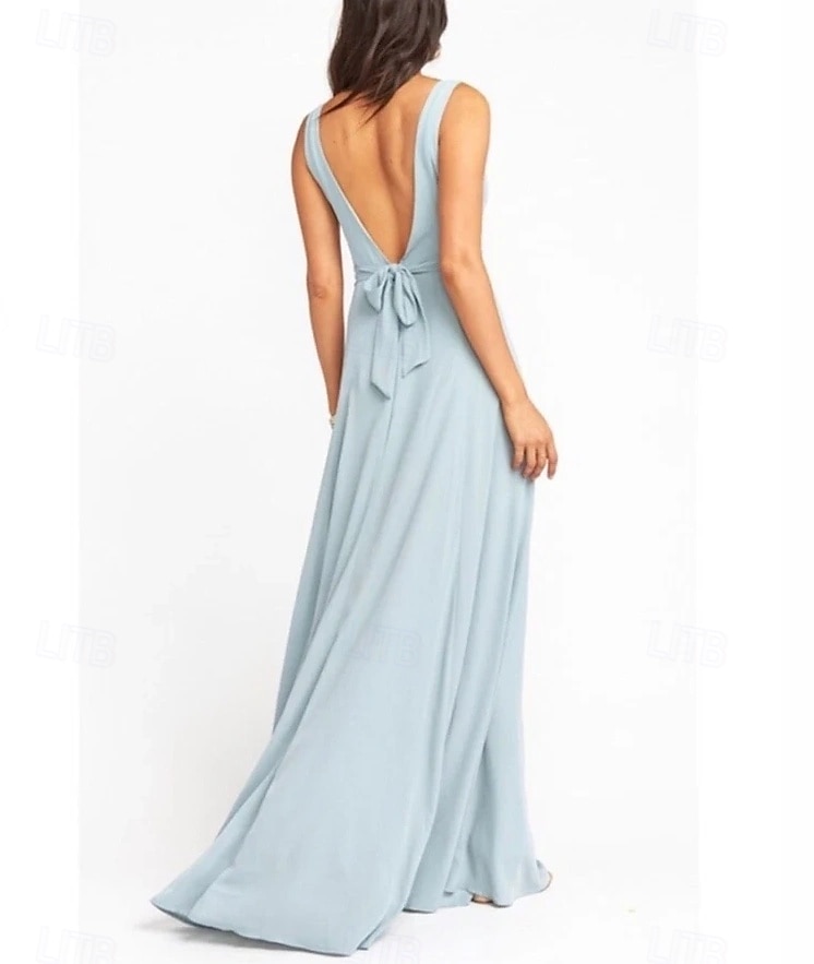 A-Line Bridesmaid Dress V Neck Sleeveless Blue Floor Length Chiffon / Spandex with Sash / Ribbon / Draping / Solid Color 2025 - $162.99 –P2
