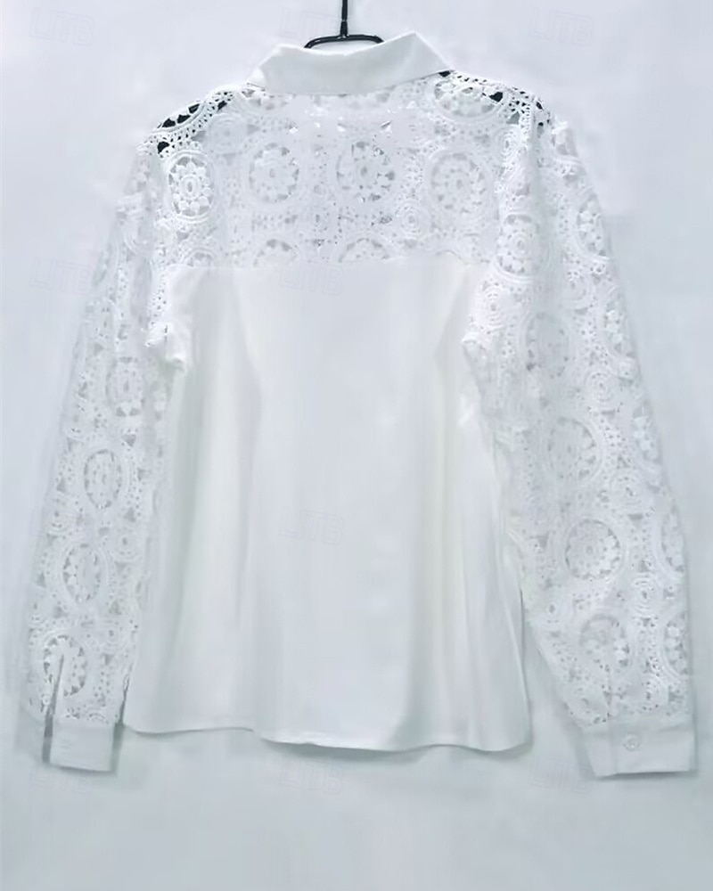 Women's Blouse Eyelet top Lace Tops Plain Daily Stylish Basic Long Sleeve Shirt Collar Regular Tops Work Daily Holiday Hollow Out Buttons White Spring Fall 2025 - $22.99 –P2