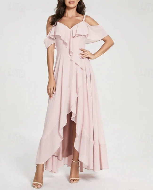 A-Line Bridesmaid Dress V Neck / Spaghetti Strap Short Sleeve Elegant Asymmetrical Chiffon with Split Front / Ruching 2025 - $155.99 –P1