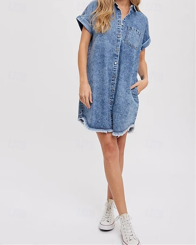 Dam Mini klänning Denimklänningar Vardagsklänning Sommarklänning Mode Utomhus Helgdag Datum Normal Slät Kortärmad Tröjkrage Blå Sommar Vår 2026 - $31.99 –P3