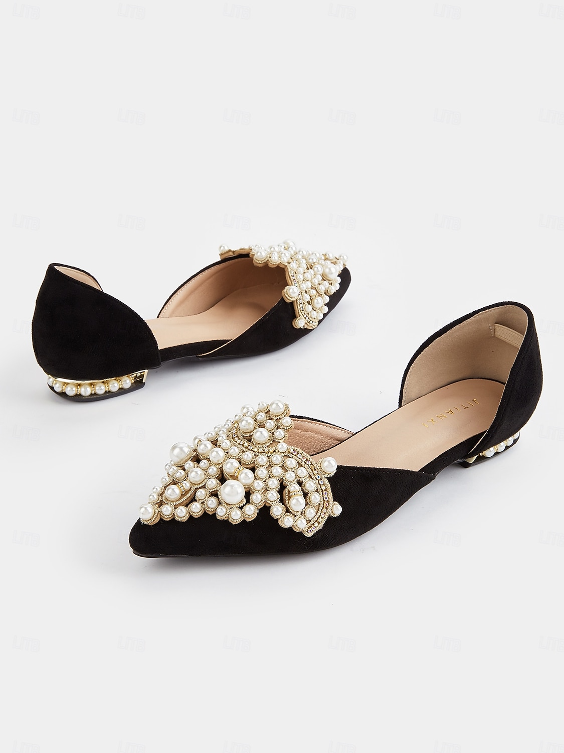 ballerines à bout pointu en satin noir pour femmes avec ornements en perles et cristaux – ballerines de mariée élégantes pour mariages et événements spéciaux de 2025 ? $54.99 –P1