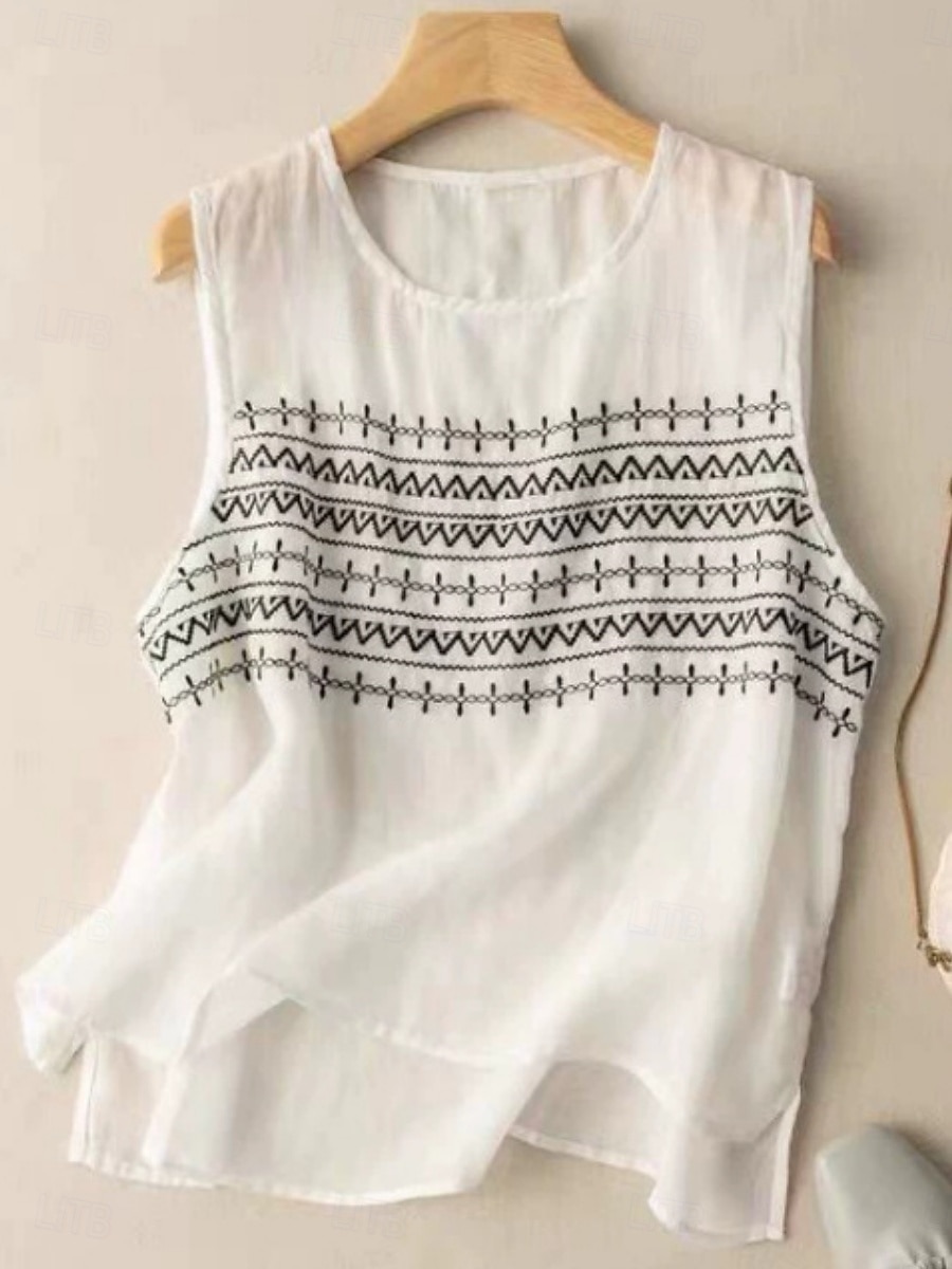 نسائي قميص قمصان قطنية كتان بلوزة كتان قطني صناعي طباعة هندسي أساسي كاجوال بدون كم رقبة عالية مدورة قمصان عادية مناسب للبس اليومي أبيض كاكي رمادي الصيف 2026 - $15.49 –P1