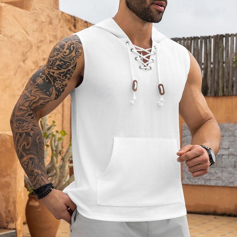 Homens Malha Íntima Moletom sem mangas camisa sem manga Sem Manga Com Capuz Verão Pit Strip Moda Designer Músculo Cordões Bolsos Ao ar livre Ginásio Preto Branco cáqui Top Tee para Homens de 2025 por $17.99 –P2