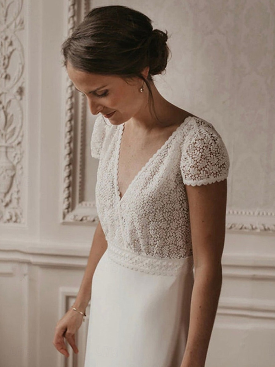 Robe de Mariée Ball Gown Col en V Bretelles Classiques Traîne de Chapelle Robes de Mariée en Chiffon avec Plis Ruchés de 2025 ? $142.99 –P3