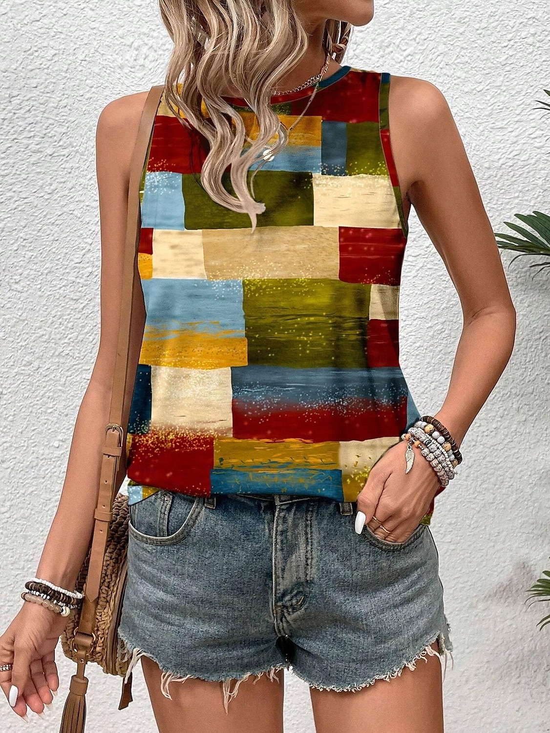Damers Spaghetti Tank Top Geometrisk Stilren Avslappnad Ärmlös Crew Neck Regelbundna Toppar Daglig Tryck Gul Sommar 2025 - $17.99 –P4