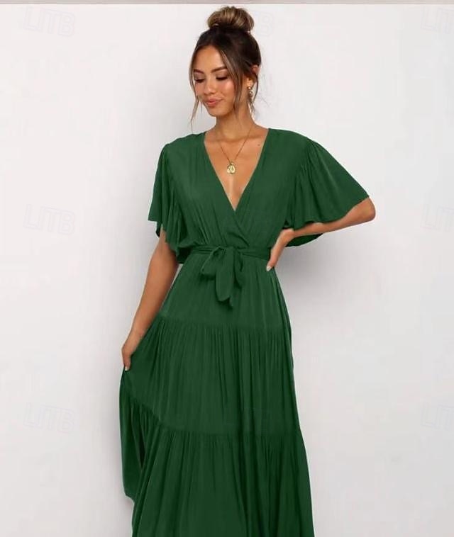 Damer Graduering Kjole Maxi Kjole Ensfarget A Linje Kjole Sommer Kjole Fest Klassisk Semi Formell Ferie Fest Arbeid Form Passform Grafisk Enkel Kort Erme V Utringning Svart Rosa Grønn Mørk Blå 2025 - $31.99 –P6