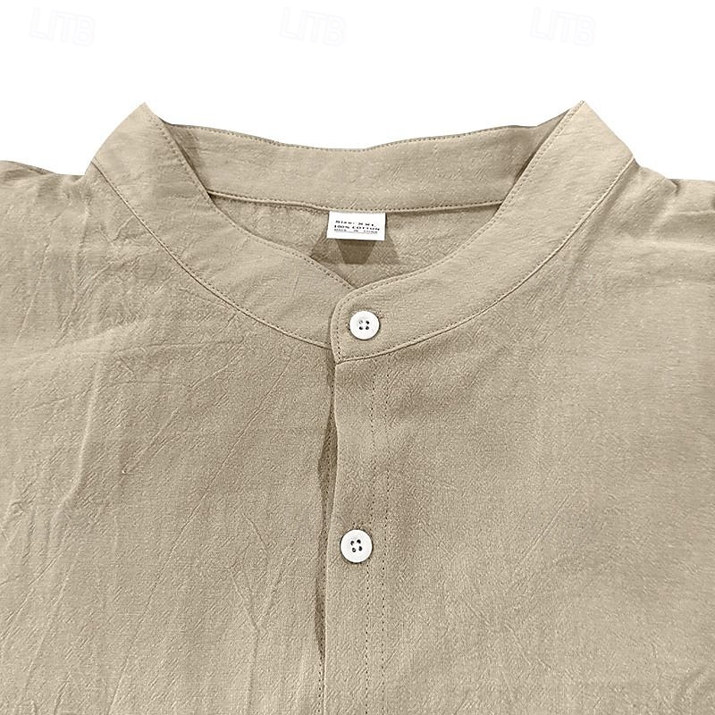Herren Baumwoll-Leinen-Hemd Einfach Urlaub Schwarz Weiß Khaki Dunkelgray Langarm Großvaterkragen Bekleidung Tasche 2025 - $25.99 –P3