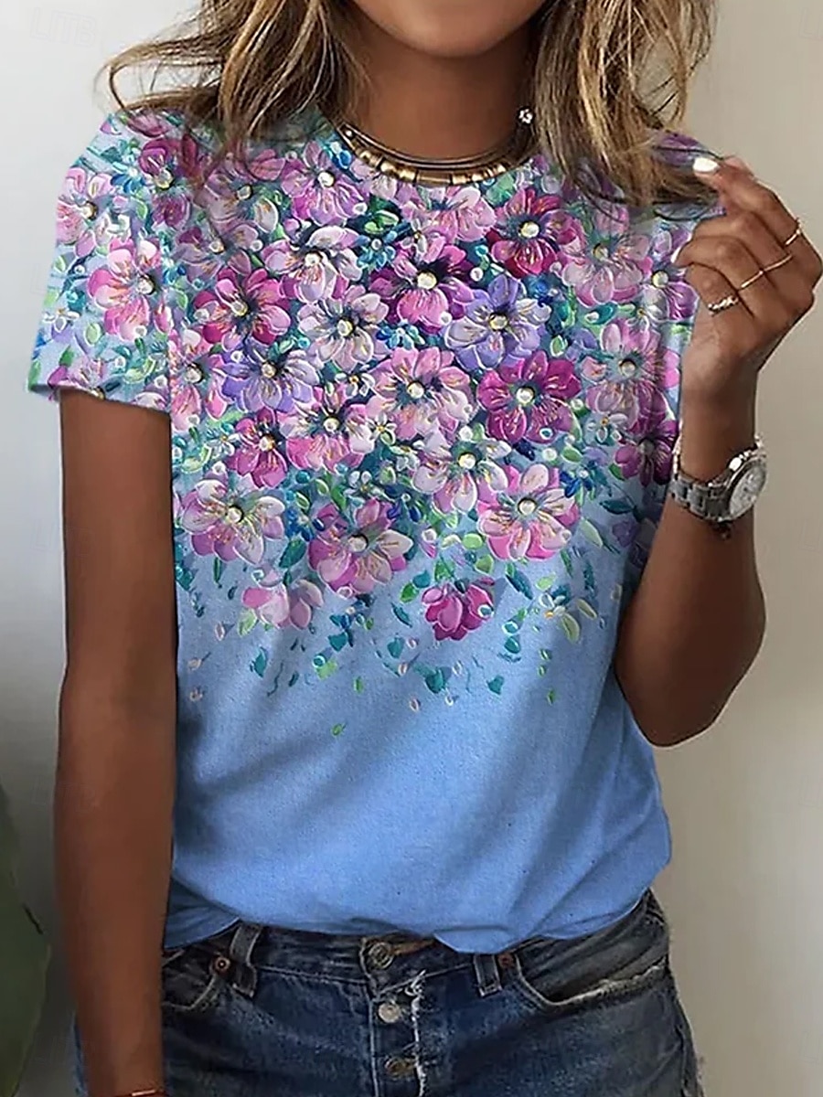 Women's T Shirt Floral Casual Short Sleeve Round Neck Regular Tops Daily Print Pink Blue Green Summer 2025 - $19.99 –P1