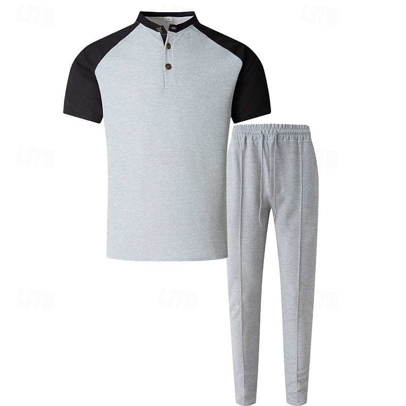 Herren T-Shirt Anzüge T-Shirts und lange Hosen mit Kordelzug 2-teiliges Outfit Kurzarm Henley Sommer Frühling Farbblock Mode Lässig 2 teilig Urlaub Alltagskleidung Ausgehen Wein Grün Khaki Top 2026 - $37.99 –P2