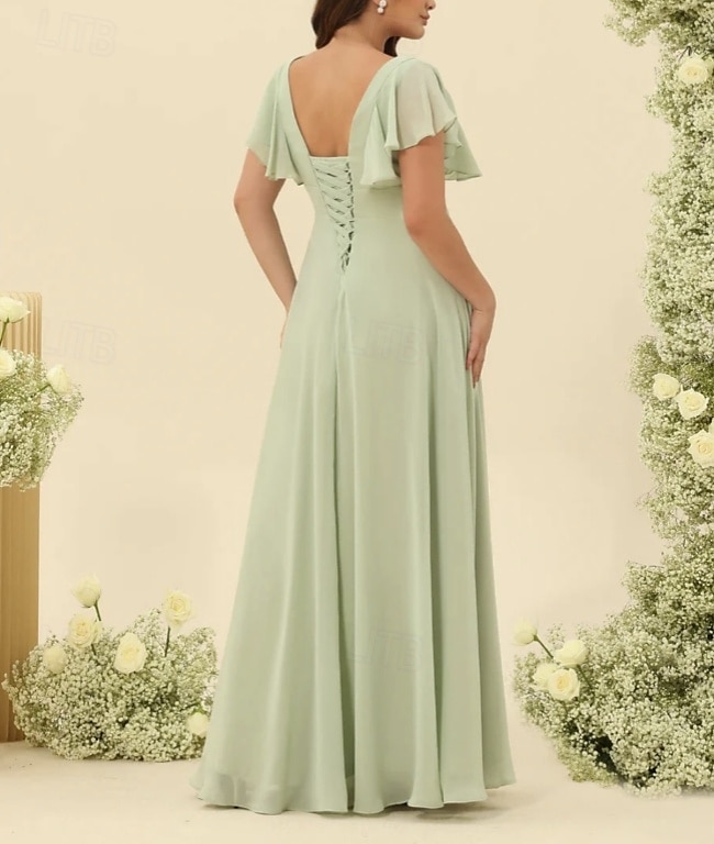 Linha A Vestido de Madrinha Decote V Manga Curta Elegante Longo Chiffon com Fru-Fru / Franzido 2022 de 2025 por $158.99 –P2