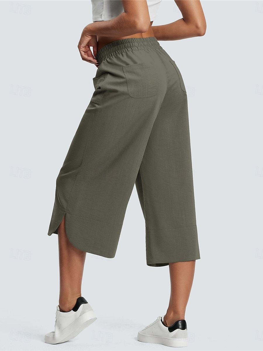 Women's Wide Leg Chinos Fashion Streetwear Calf-Length High Waist Plain Pocket Elastic Waistband Comfy Soft Comfortable Micro-elastic Outdoor Street Navy-blue Army Green Black Blue Summer Spring 2025 - $24.99 –P2