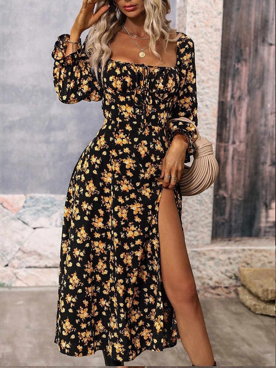 Women's Midi Dress Corset Dress A Line Dress Milkmaid Dress Puff Sleeve Dress Vacation Vacation Daily Regular Fit Floral Long Sleeve Square Neck White Blue Purple Gold Summer 2025 - $34.99 –P3