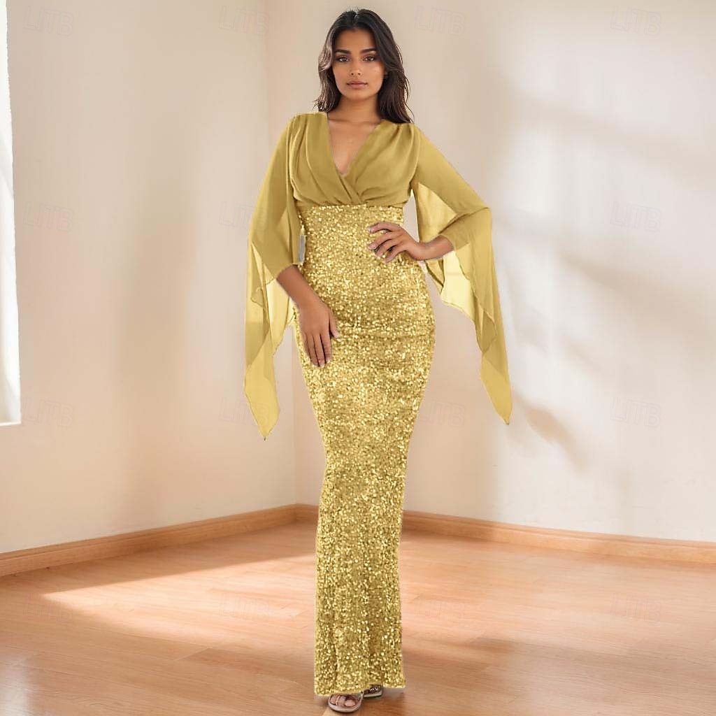 Meerjungfrau  Trompeten Abendkleid Elegantes Kleid Formelles Hochzeitsbodenlänges 3/4-Länge Ärmel V-Ausschnitt Chiffon mit Pailletten 2025 - $148.99 –P6