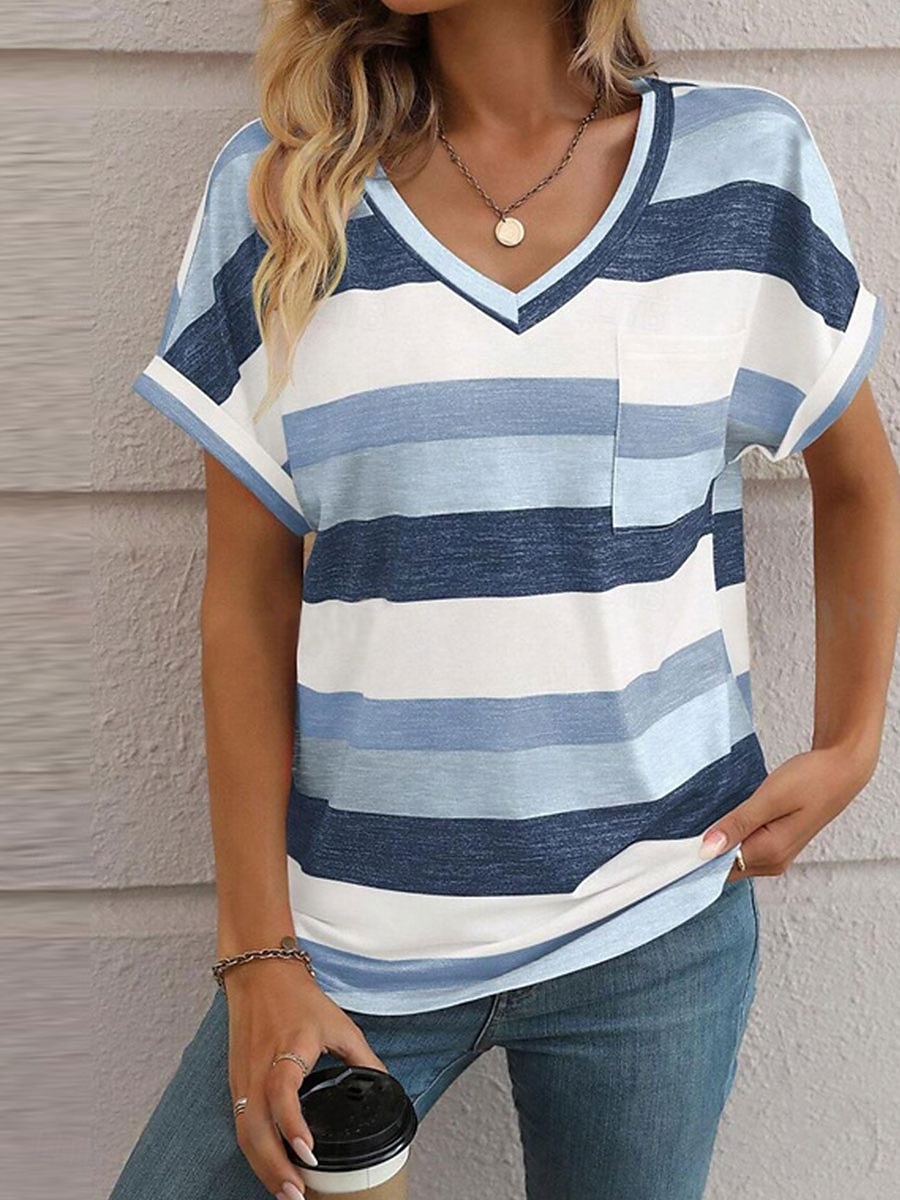 Women's T Shirt Striped Fashion Modern Casual Short Sleeve V Neck Regular Tops Daily Weekend Pink Wine Sky Blue Summer Spring 2025 - $21.99 –P8