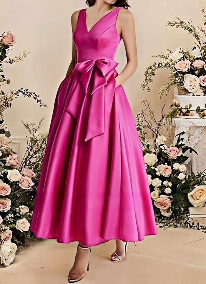 A-Linie Brautjungfernkleid V-Ausschnitt Ärmellos Elegant Knöchellänge Satin mit Schleife(n)  Falten 2025 - $162.99 –P1