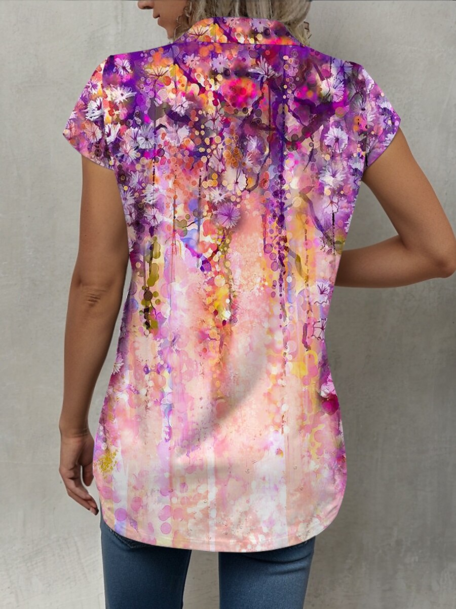 Dames Overhemd Ombre Bloemig Dagelijks Korte mouw Kap Overhemdkraag Lange tops Dagelijks Fuchsia Zomer 2025 - $25.99 –P2
