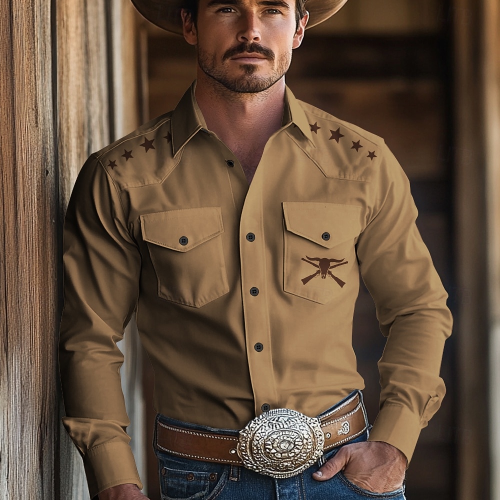 Herr Ko -tryck Västerländsk skjorta Knapp upp skjorta Cowboyskjorta Långärmad Västra Vintage retro Ledigt Utomhus Vår Höst Nedvikt krage skjortor Främre två fickor Ljus kaki Svart Armégrön Brun 2026 - $33.99 –P2