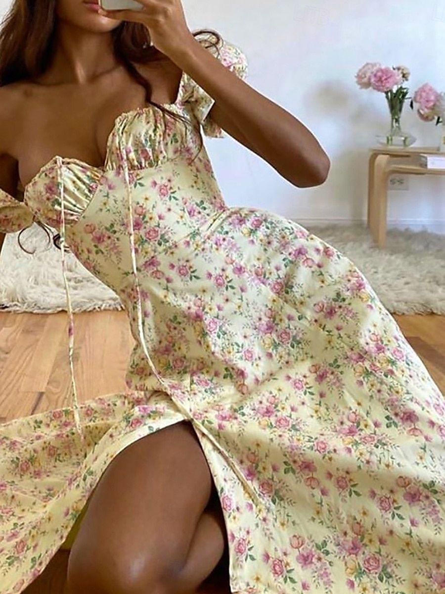 Per donna Vestito longuette Abito a corsetto Abito linea A Abito da lattaia Abito con maniche a sbuffo Festività Da mare Giornaliero Standard Floreale Manica corta Squadrata Bianco Giallo Rosa Blu del 2025 a $23.99 –P1
