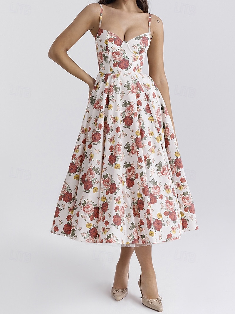 Retro Vintage 1950s Midi Dress Flare Dress Spaghetti Strap Corset Floral A-Line Women's Masquerade Wedding Vacation Tea Party Adults' Dress 2025 - GBP £21 –P8