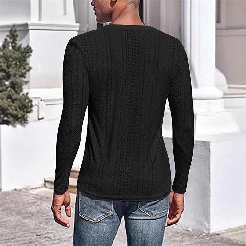 Herren T Shirt T-Shirt Langarmshirt Langarm V Ausschnitt Frühling Herbst Einfach Mode Designer Basic Jacquard Urlaub Straße Ausgehen Schwarz Weiß Blau Top T-Shirt für Herren 2025 - $19.99 –P7