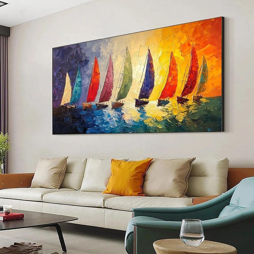 hellblaues Meereslandschafts-Segelboot-Ölgemälde, handgemalte Wandkunst, abstraktes Strand-Meereslandschaftsgemälde auf Leinwand, Wohnzimmer-Wandgemälde, riesiges extragroßes Wandkunstgemälde-Dekor 2025 - $125.99 –P3